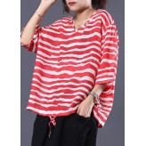 Handmade drawstring hem cotton tunics for women Sleeve red striped shirts summer