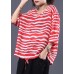 Handmade drawstring hem cotton tunics for women Sleeve red striped shirts summer