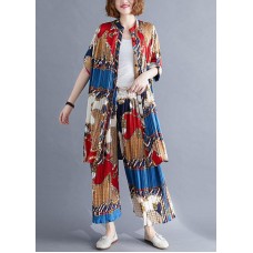 red blue prints chiffon two pieces stand collar shirt with women casual Cinched wide leg pants