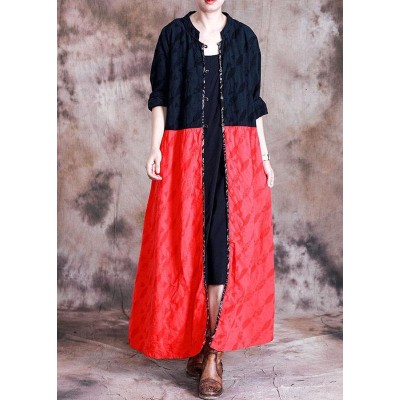 Elegant oversized long coat fall black patchwork red Jacquard pockets overcoat