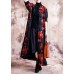 Elegant black patchwork red print oversize long Chinese Button fall coat