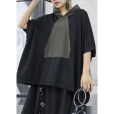 Unique gray green patchwork cotton Blouse hooded Dresses fall blouses