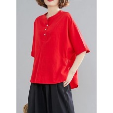 Women Button Down elastic waist linen shirts women red Art blouses