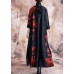 Elegant black patchwork red print oversize long Chinese Button fall coat