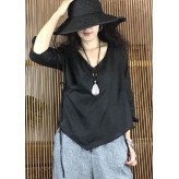 Simple black v neck linen shirts women asymmetric hem Plus Size Clothing fall shirts
