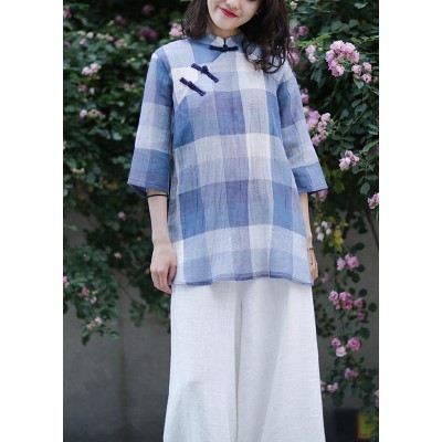 Beautiful stand collar linen top silhouette Sewing blue plaid tops