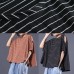 Loose off the shoulder sleeve cotton crane tops Cotton dark khaki striped tops summer