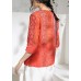 Chic v neck half sleeve linen Blouse Shirts red print top