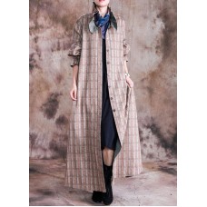 boutique plus size long coat fall woolen outwear khaki plaid Cinched wool coat for woman