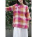 Beautiful stand collar linen top silhouette Sewing blue plaid tops
