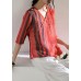 Chic v neck half sleeve linen Blouse Shirts red print top