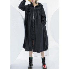Elegant black oversized maxi coat hooded pockets zippered coat
