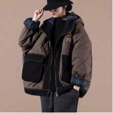 Casual oversize warm winter coat chocolate hooded patchwork plaid Parkas for women