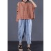 Loose off the shoulder sleeve cotton crane tops Cotton dark khaki striped tops summer