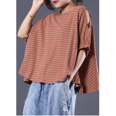 Loose off the shoulder sleeve cotton crane tops Cotton dark khaki striped tops summer