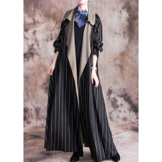 Elegant plus size long fall coat black striped Notched large hem wool overcoat