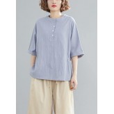 Handmade light blue linen linen tops women blouses Work Button Down elastic waist shirts